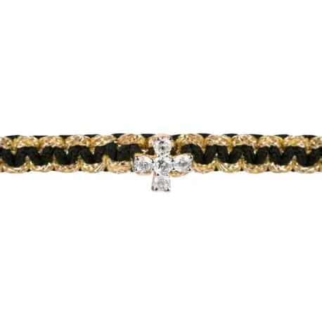 BRACELET CORDON NOIR ET DORE CROIX DIAMANTS