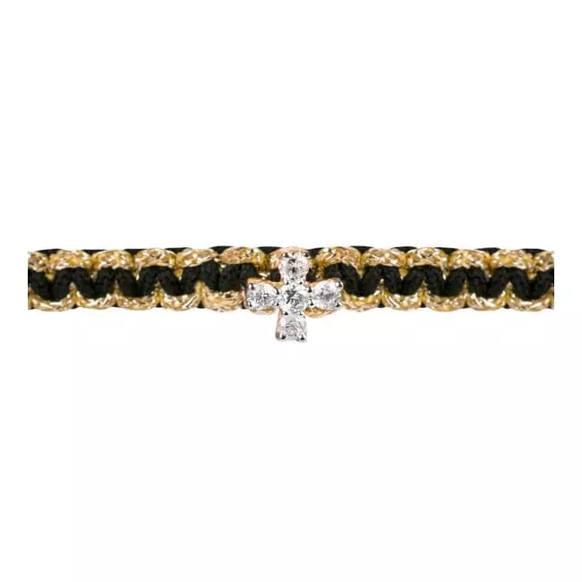 BRACELET CORDON NOIR ET DORE CROIX DIAMANTS