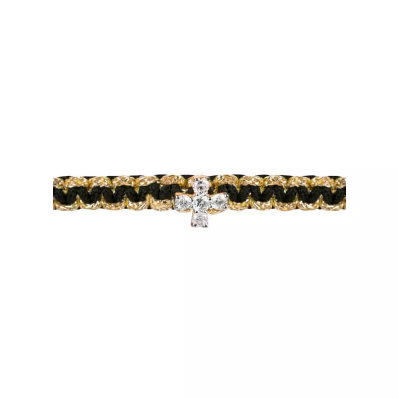 BRACELET CORDON NOIR ET DORE CROIX DIAMANTS