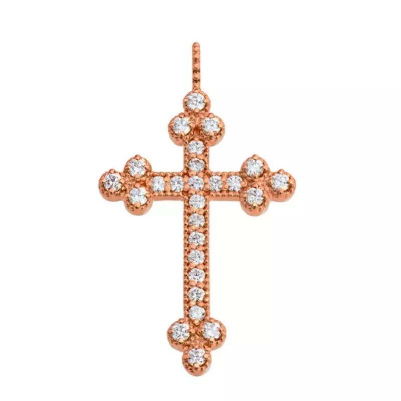 PENDENTIF CROIX TRILOBEE OR ROSE ET DIAMANTS