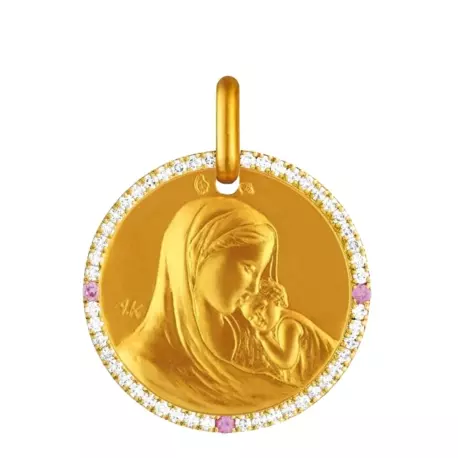 Médaille Notre Dame de tendresse tour diamants et saphir rose