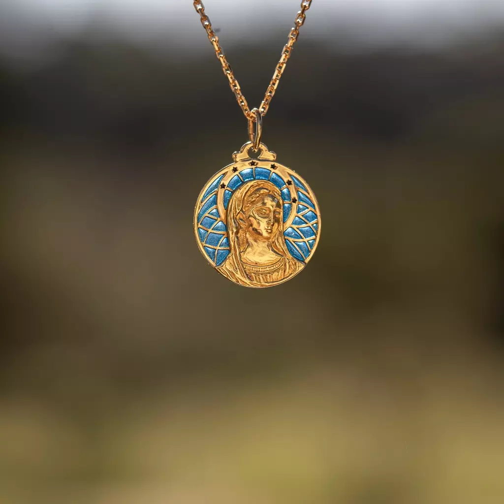 Médaille Vierge Marie Art deco en platine et or 18k, médaille