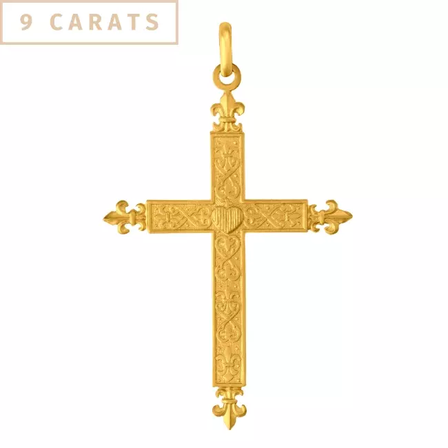 Pendentif croix fleurie • Or 9 carats