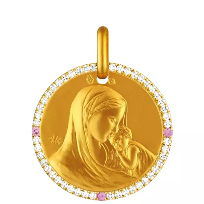 Médaille Notre Dame de tendresse • Tour diamants et saphir rose