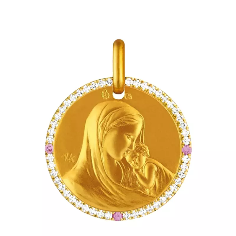 Joaillerie - Médaille Notre Dame de tendresse • Tour diamants et saphir rose