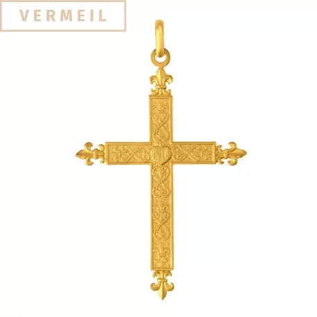 Pendentif croix fleurie en vermeil, fleurs de lys et cœur gravé