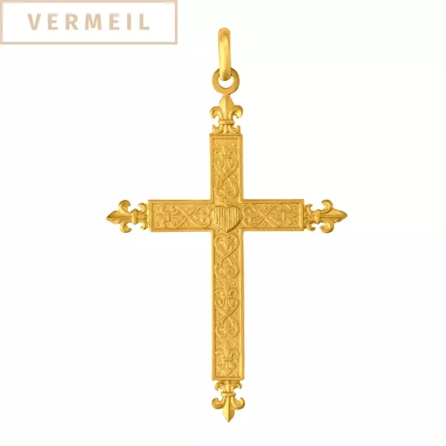 Pendentif croix fleurie en vermeil, fleurs de lys et cœur gravé