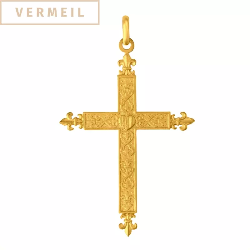 Pendentif croix classique - Pendentif Croix Fleurie en Vermeil | Fleurs de Lys & Cœur Gravé