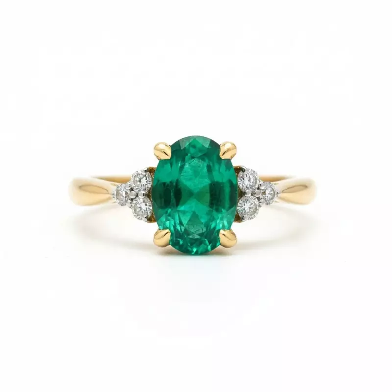 Bague - Bague pierre précieuse ovale – Émeraude, diamants et or jaune 18 carats