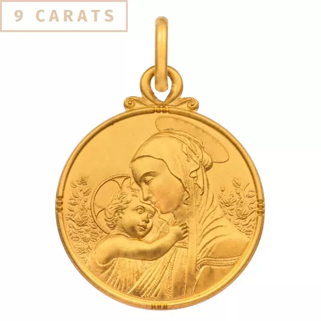 Médaille de baptême Madone de Botticelli en or jaune 9 carats