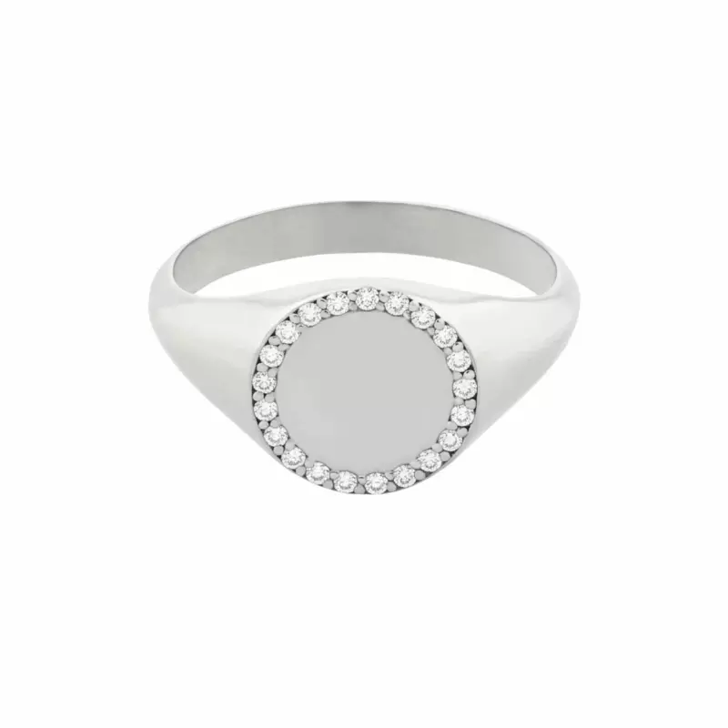 Bague - Bague chevalière diamant – Or blanc 18 carats, plateau 9 mm