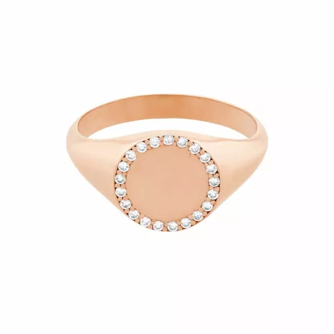 Bague chevalière diamant or rose 18 carats plateau rond 9 mm