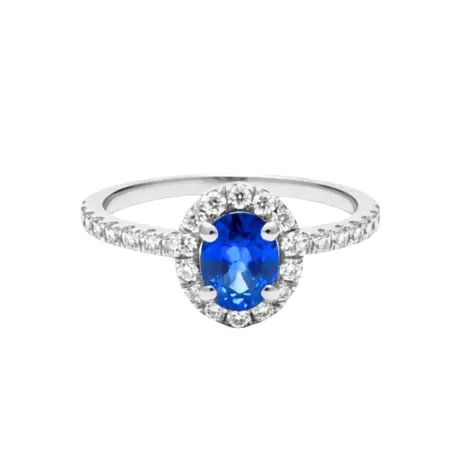 Bague saphir et diamants entourage – Or blanc 18 carats