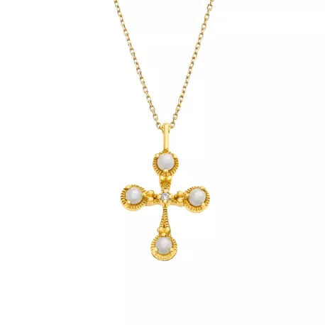 Collier Brune • Croix perles et diamant