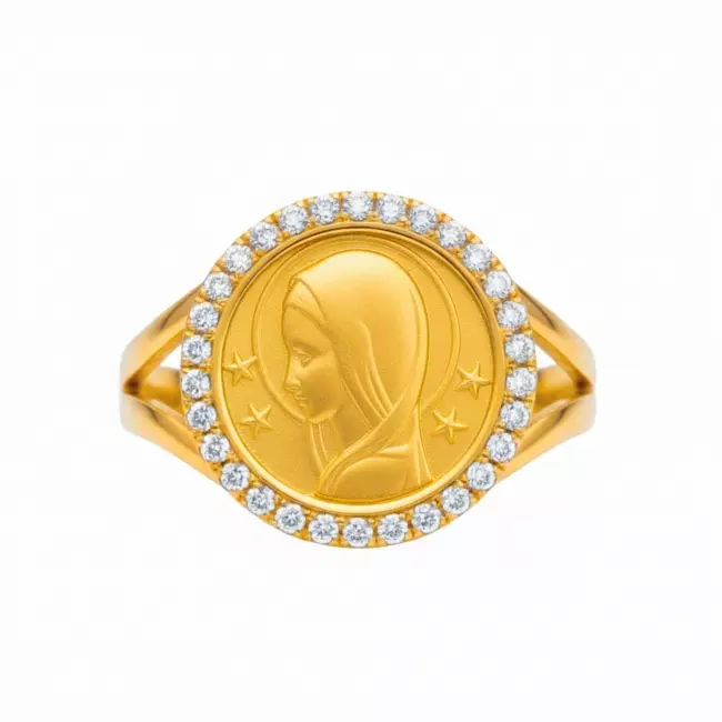 BAGUE MEDAILLE VIERGE ETOILEE ENTOURAGE DIAMANT