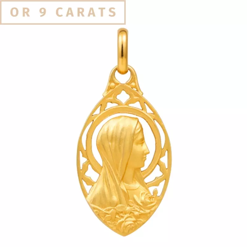 Médaille de baptême - Vierge de profil ajourée • or 9 carats