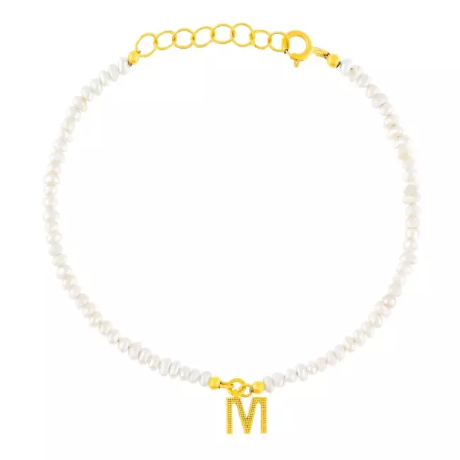 Bracelet perles blanches et initiale or 